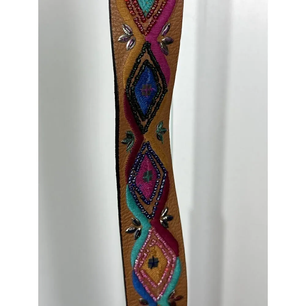 CHICO'S Women's Embroidered/Beaded Wide Leather Bohemian Belt Brown Size Large